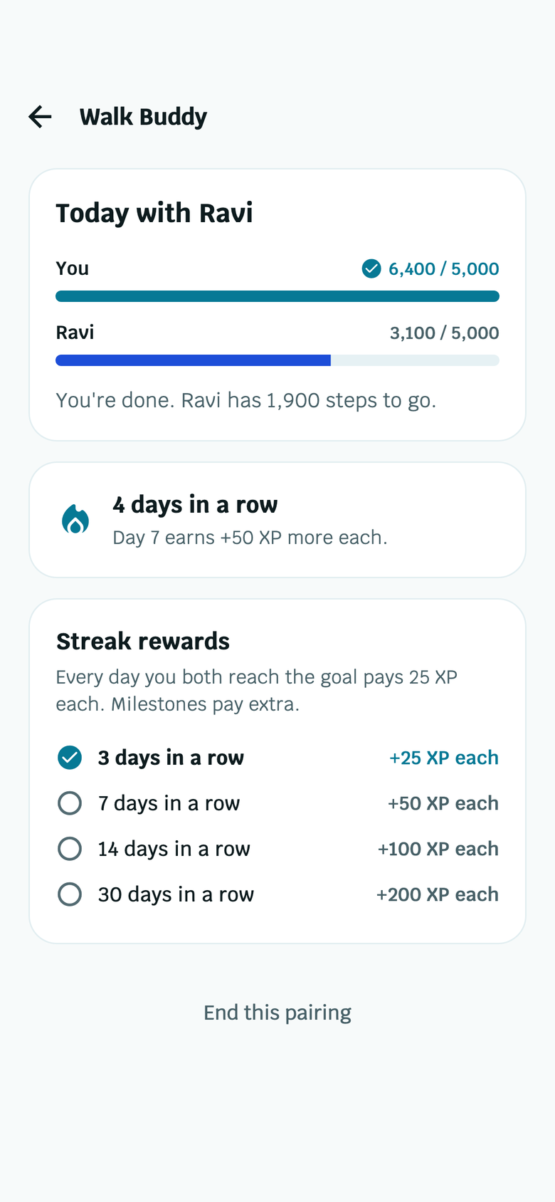 The Walk Buddy screen showing both friends’ steps and a 4-day streak